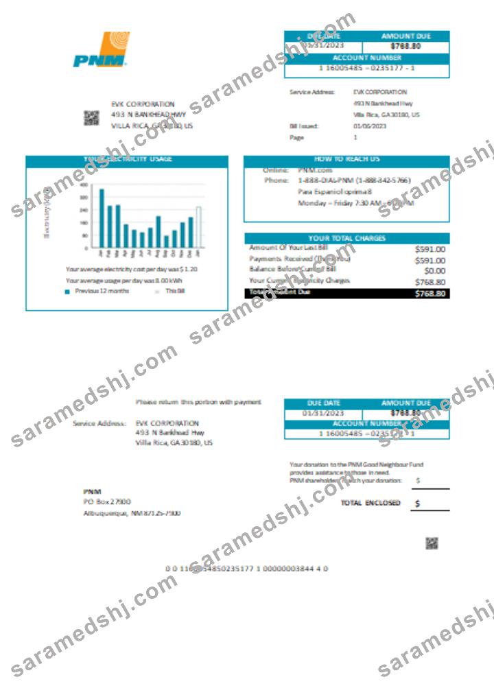 New Mexico PNM easy fillable utility business bill,  SCR